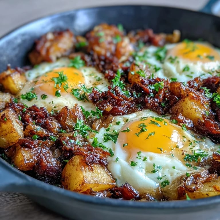 Hearty corned beef hash breakfast skillet with golden potatoes, peppers, onions, and sunny-side-up eggs for a satisfying morning meal.