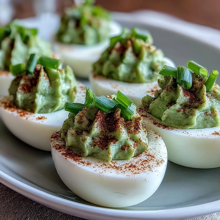 Creamy avocado-filled deviled eggs, vibrant green and topped with smoked paprika for a healthy appetizer.  