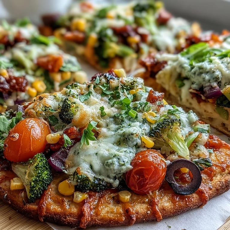 Healthy St. Patricks Day Rainbow Veggie Flatbread Pizza topped with mozzarella and a variety of crisp, seasonal produce.  