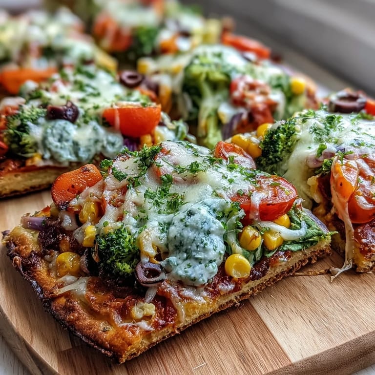 Festive St. Patricks Day Rainbow Veggie Flatbread Pizza featuring a pot of gold olives and herb-seasoned vegetable toppings.