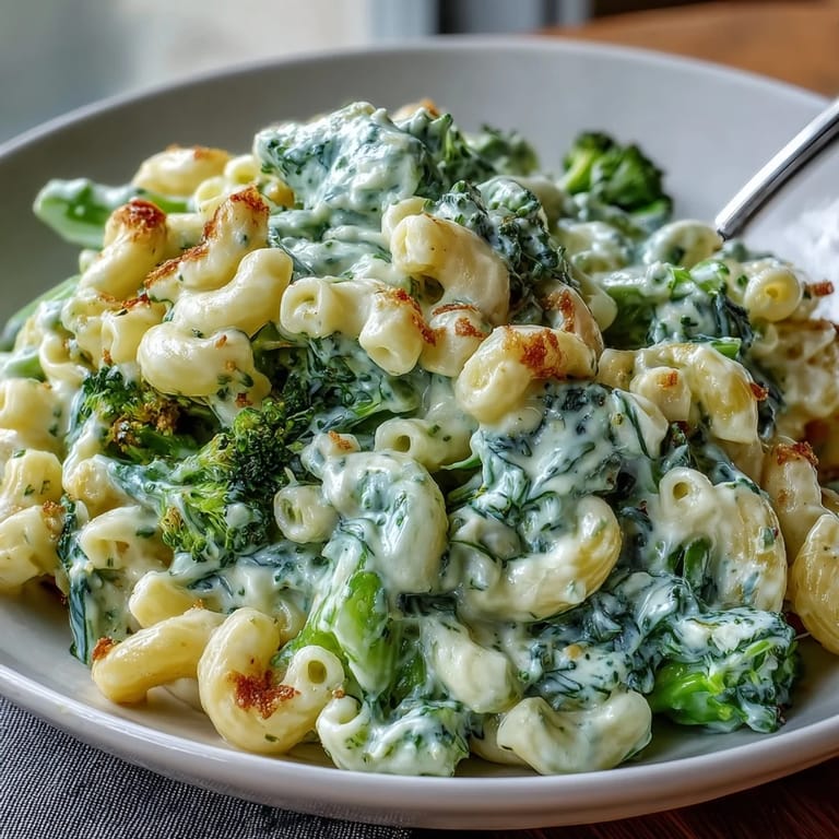 Vibrant green mac and cheese packed with spinach and broccoli, featuring a rich, cheesy sauce and golden breadcrumb topping.