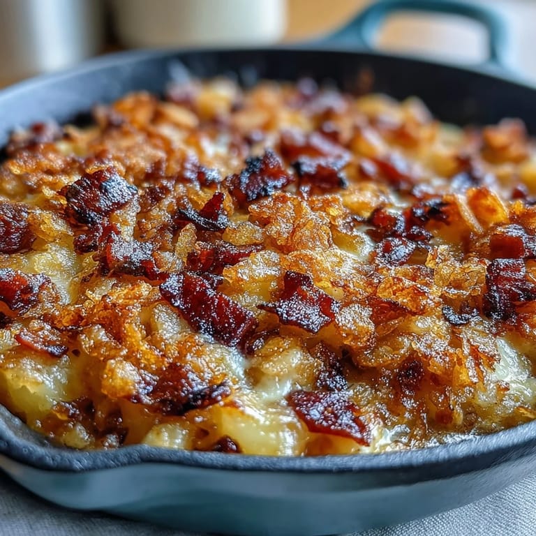 Funeral Potatoes and Ham Breakfast Skillet served hot from the oven with bubbling cheese, diced ham, and golden hash brown base.