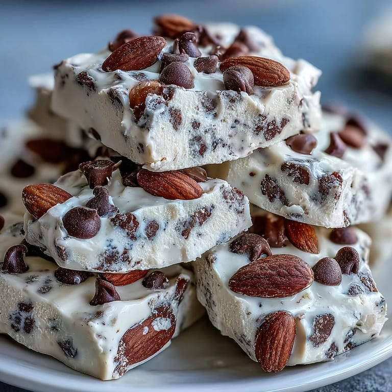 No-bake cottage cheese cookie dough Greek yogurt bark, a healthy frozen snack with chocolate chips and a creamy texture.