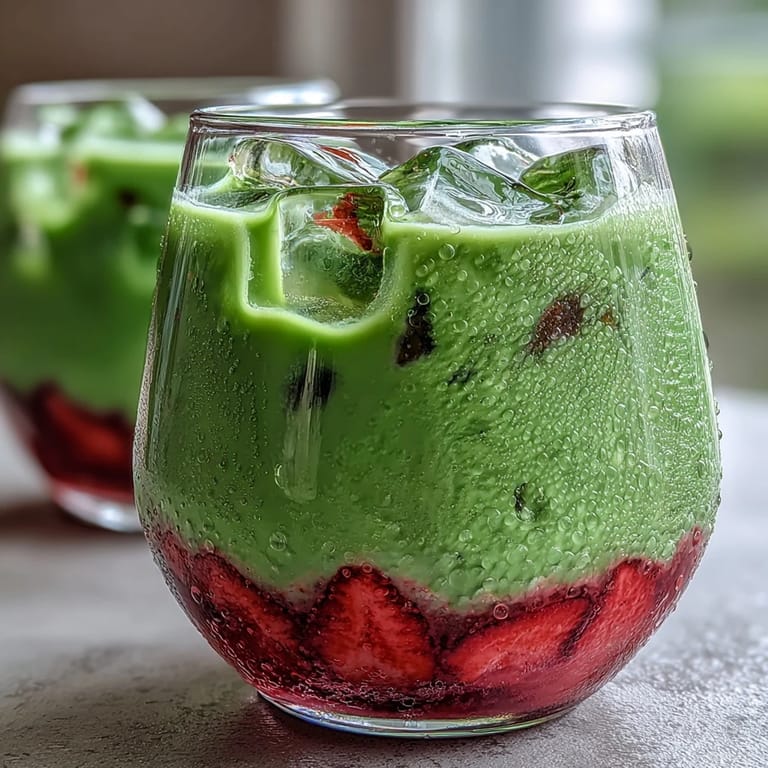 Refreshing dairy-free strawberry matcha latte with smooth coconut milk, bright berry flavor, and rich green tea, served over ice.