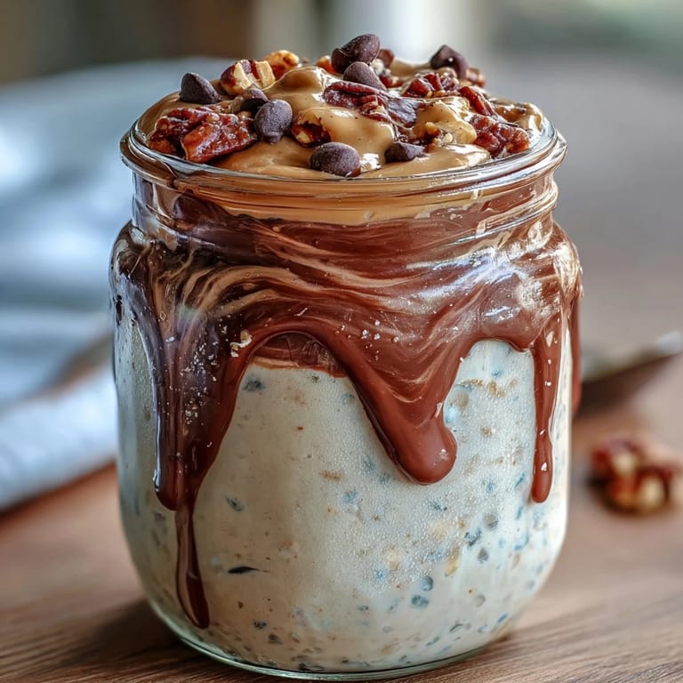 Peanut butter cup overnight oats in a glass jar, topped with mini chocolate chips and crushed peanuts for extra crunch.