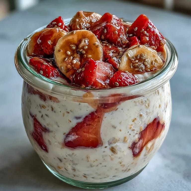 Layered strawberry banana chia overnight oats in a jar, perfect for a quick, nutritious morning meal.