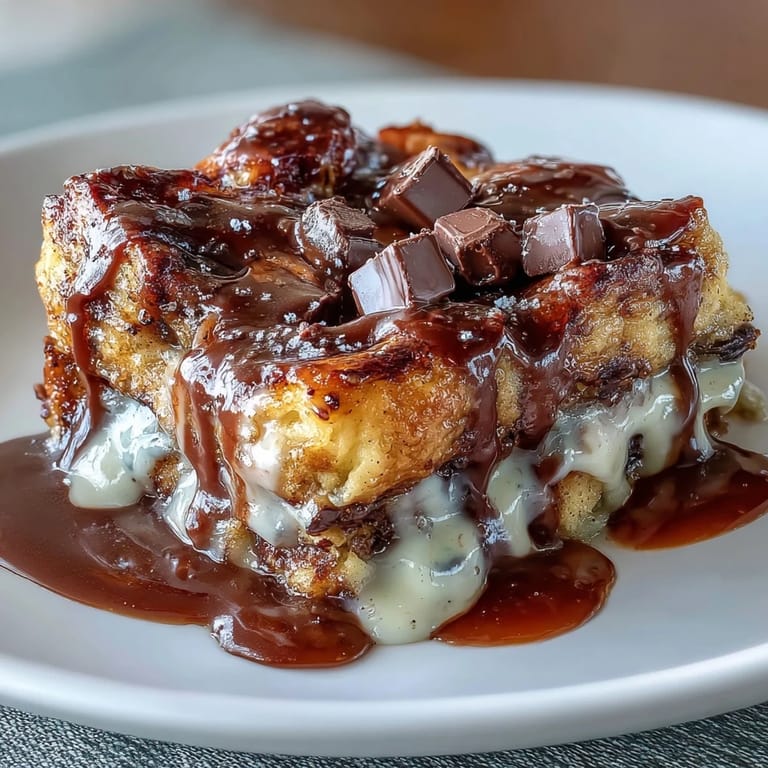 Warm chocolate croissant bread pudding with buttery layers, creamy custard, and a golden brown top dusted with powdered sugar.  
