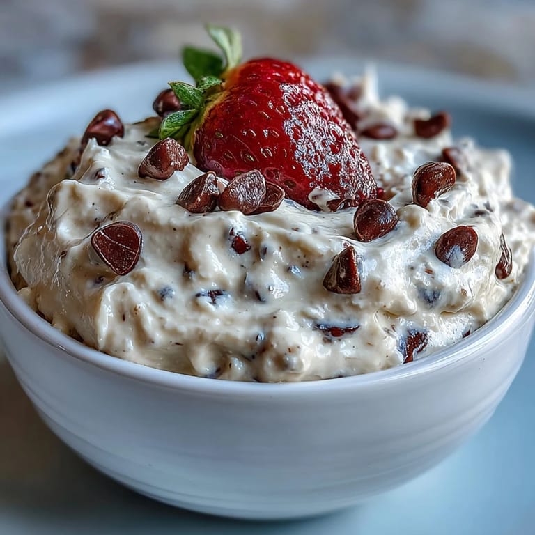 Protein-packed cottage cheese cookie dough dip with almond butter and maple syrup, perfect for dipping fruit or crackers at parties.  