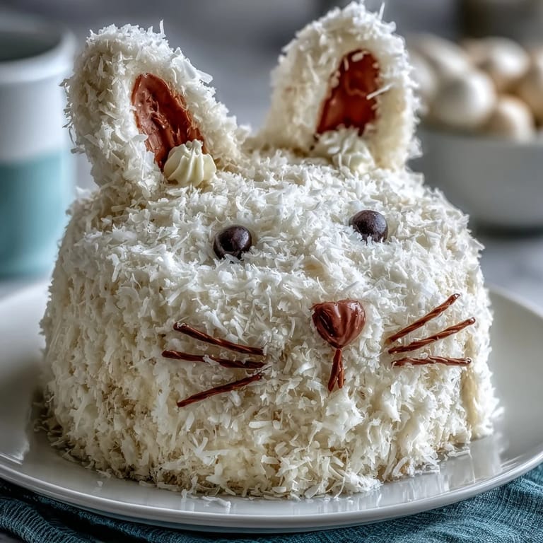 A festive Easter Bunny Cake with coconut frosting, featuring soft vanilla layers and whimsical bunny decorations.