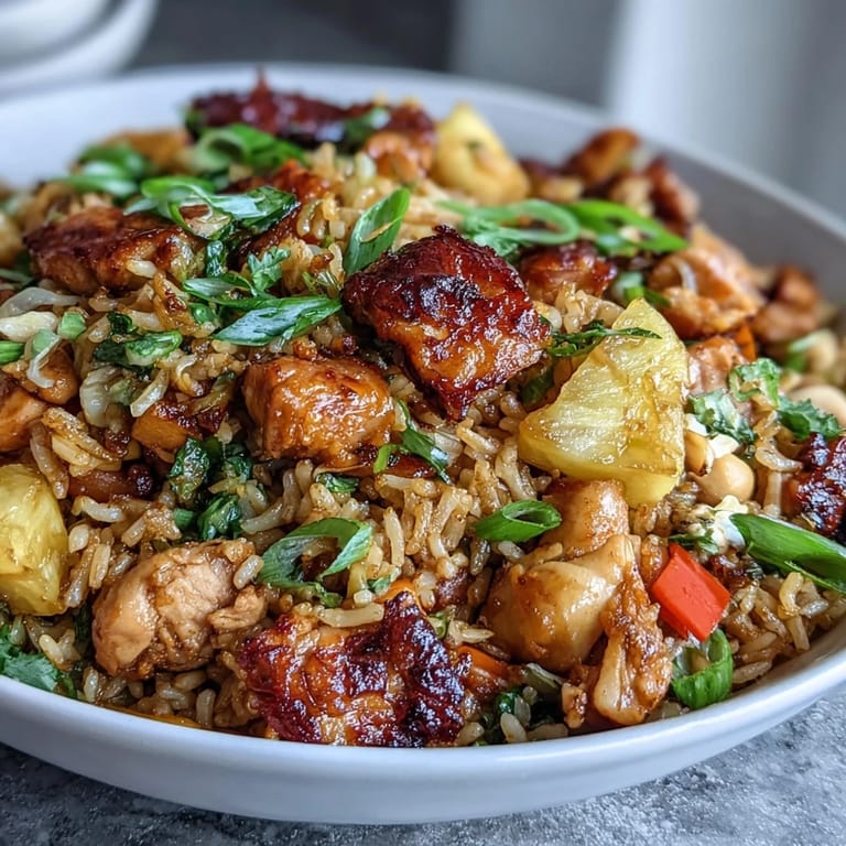 Colorful Hawaiian pineapple chicken fried rice featuring sweet pineapple, savory chicken, and crisp vegetables for a tropical dinner.
