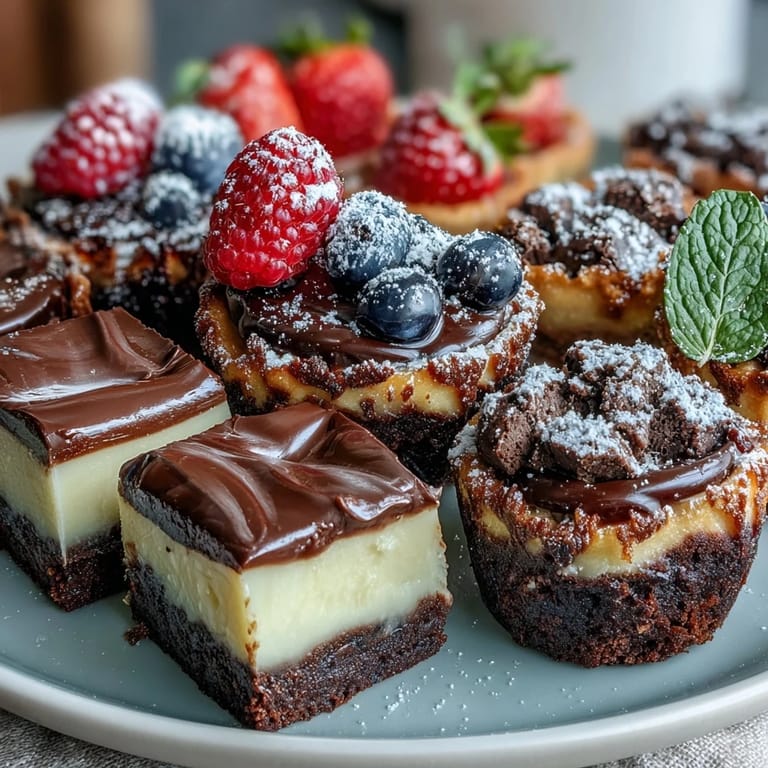 Colorful mini fruit tartlets topped with fresh berries alongside rich chocolate brownie bites and creamy lemon cheesecake cups.