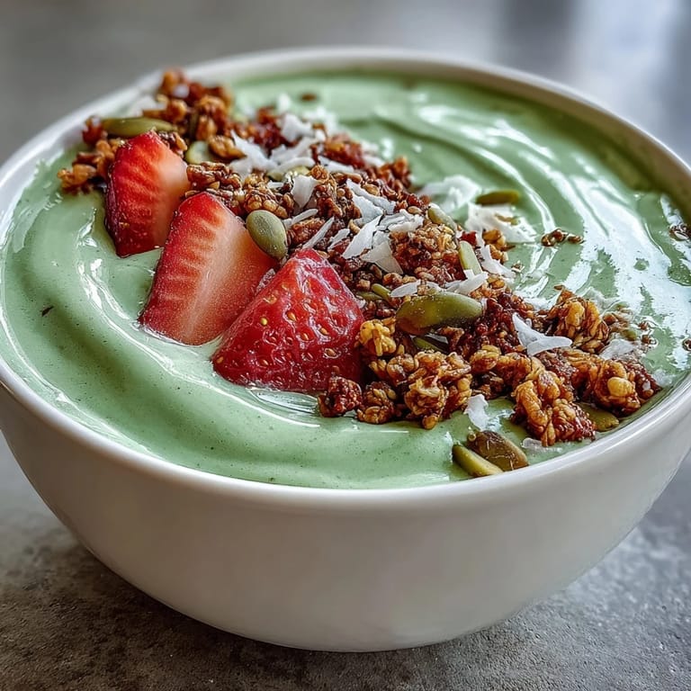 A refreshing strawberry matcha latte smoothie bowl, blending frozen berries and green tea with a medley of crunchy granola and chia seeds.