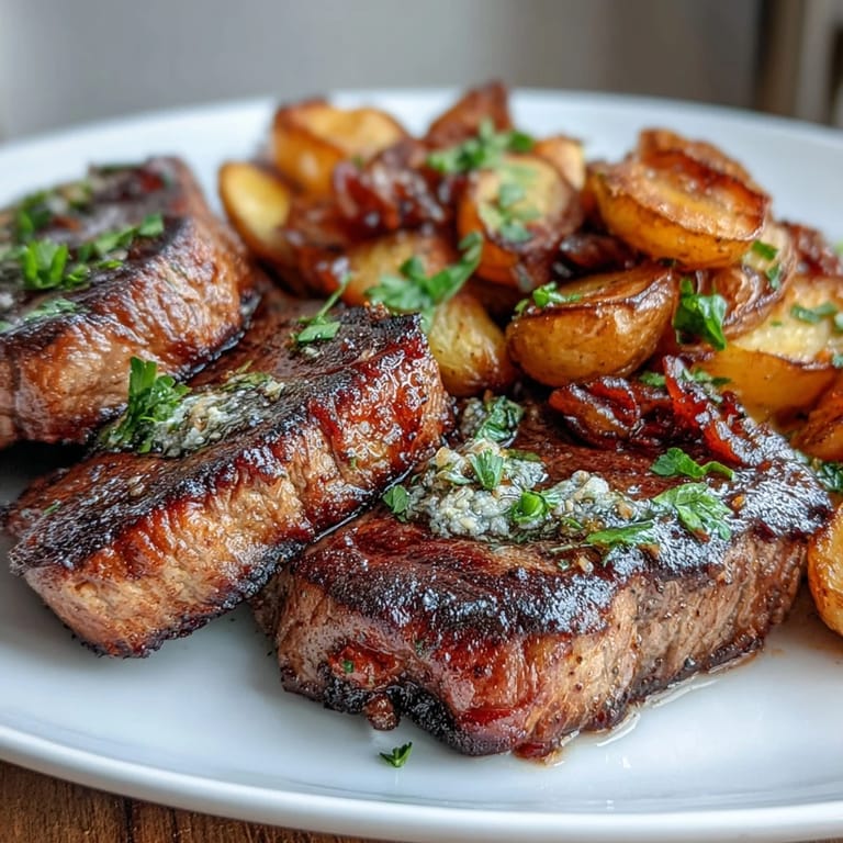 Tender steak bites and golden potatoes coated in rich garlic butter sauce, perfect for a hearty dinner.