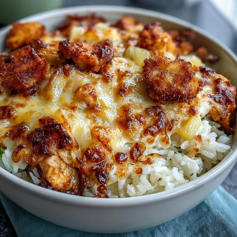 Baked pineapple chicken rice dish topped with melted cheese, served hot from the oven for comfort.