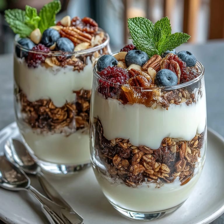 A vibrant Mothers Day yogurt parfait bar featuring layers of Greek yogurt, fresh berries, and sweet toppings, perfect for a festive brunch.