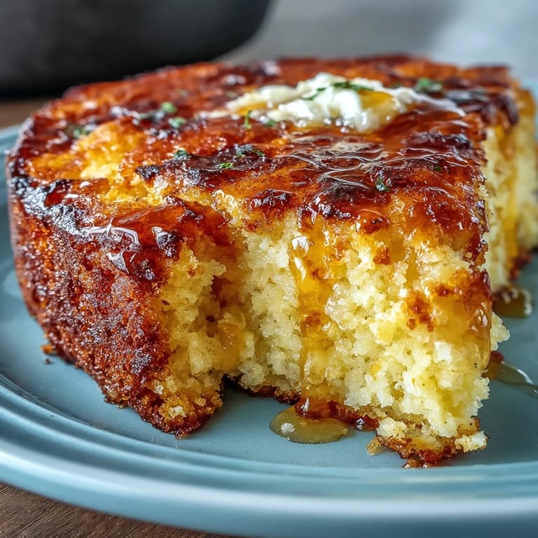 1. Golden, moist Southern cornbread baked in a cast-iron skillet, topped with rich honey butter and ready for a cozy meal.