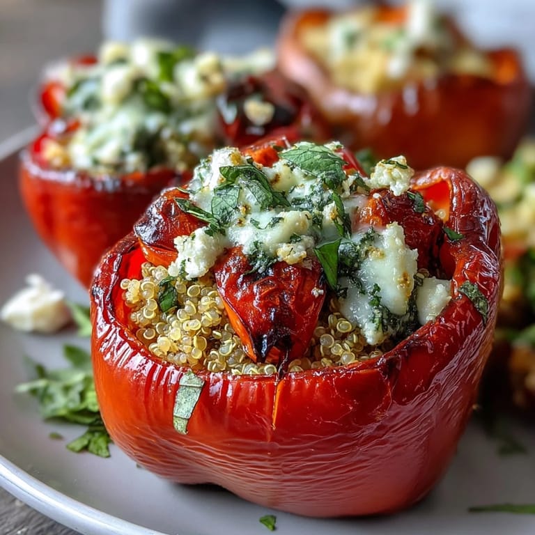 Golden-baked bell peppers overflowing with herbed quinoa, zucchini, and tomatoes, a fresh and satisfying Mediterranean-inspired meal.
