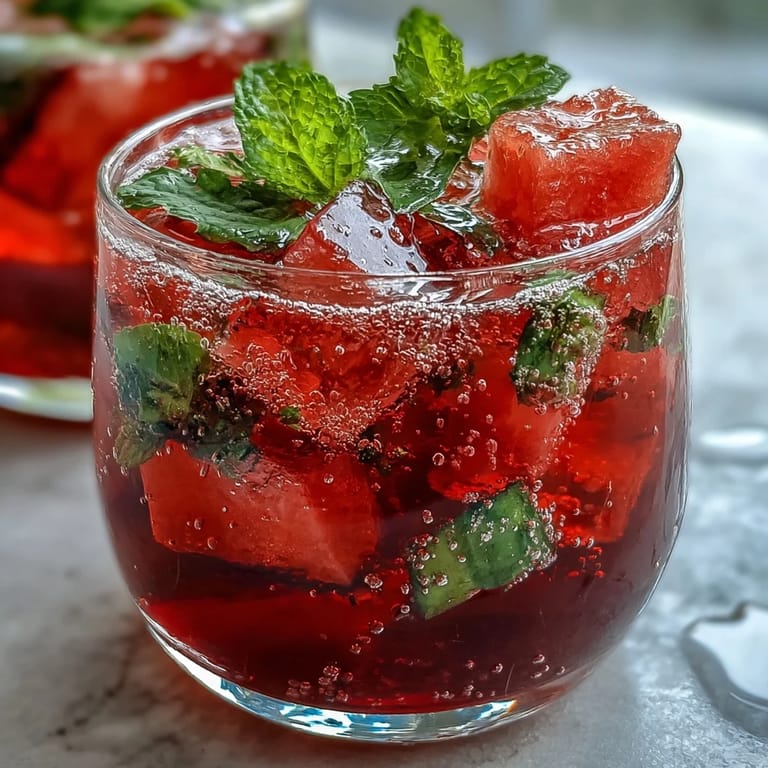Chilled watermelon and mint blend with lime juice in a sparkling spritz mocktail, perfect for summer gatherings.
