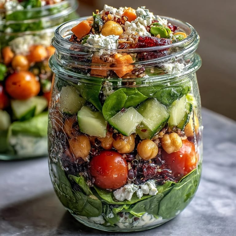 Colorful mason jar salads with chickpeas, avocado, and grilled chicken—perfect for fresh, nutritious lunches all week.