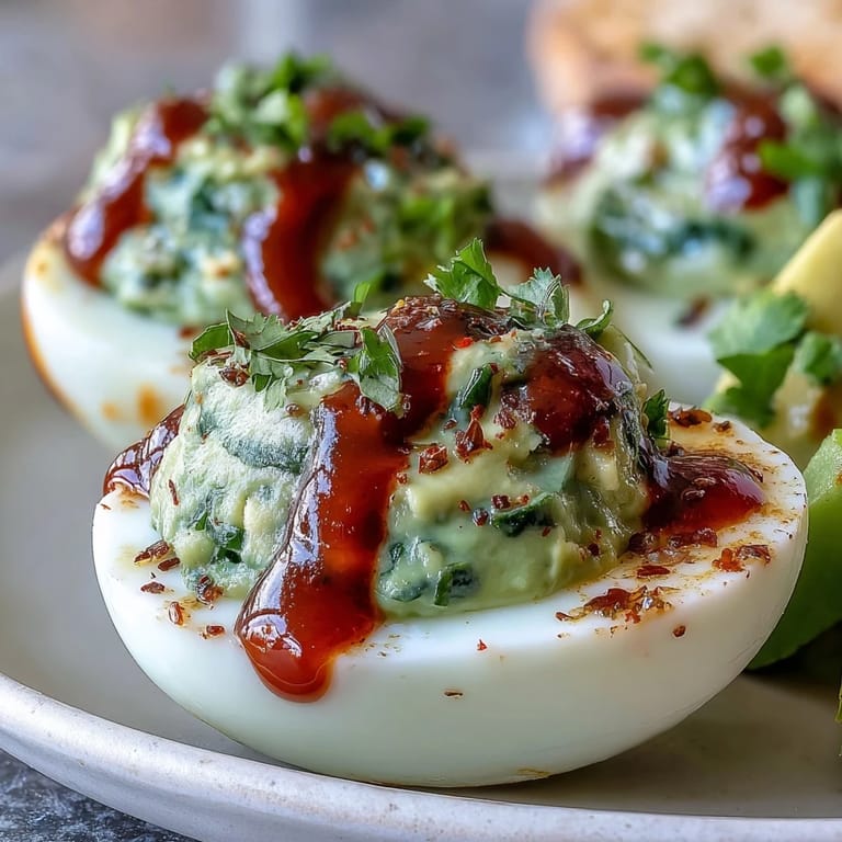 Bright green avocado filling in classic deviled eggs, finished with a kick of Sriracha heat.  