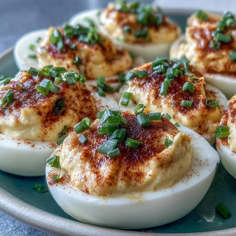 Creamy, tangy deviled eggs topped with smoked paprika and chives, a perfect make-ahead appetizer for picnics, brunches, or holiday parties.