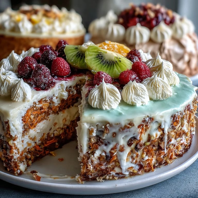 Elegant Easter spread with moist carrot cake, airy pavlova, and tangy lemon tart, perfect for holiday gatherings.