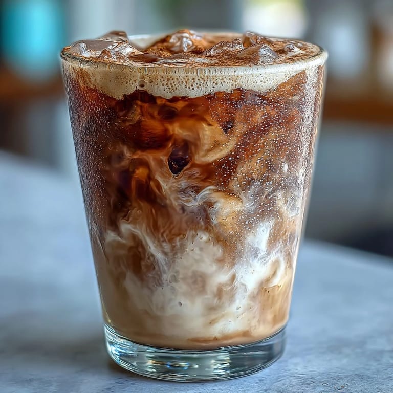 Creamy iced brown sugar oat milk espresso with ice cubes and rich brown sugar syrup