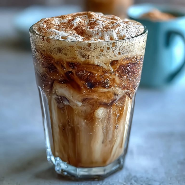 Refreshing iced brown sugar oat milk shaken espresso with cinnamon and oat milk foam