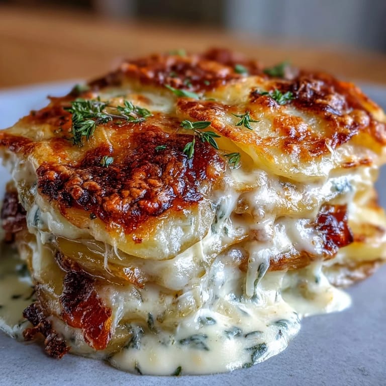 Rich layers of thinly sliced potatoes and Gruyere cheese baked in a garlicky cream sauce, perfect for festive gatherings.