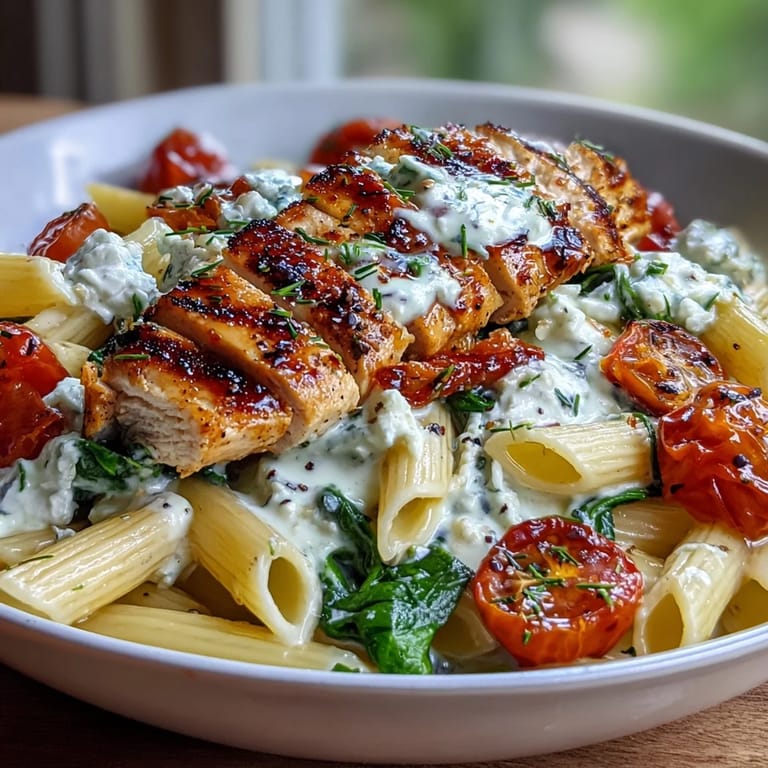 A hearty High Protein Pasta Bowl featuring tender chicken, wilted greens, and cherry tomatoes.