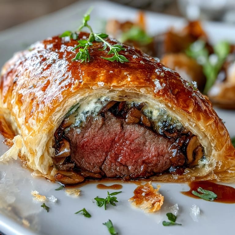 Savory mushroom duxelles-filled individual beef wellington, showcasing flaky pastry.