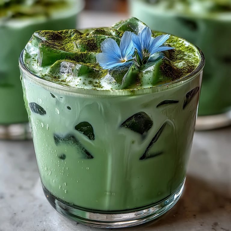 Refreshingly vibrant iced matcha latte, crowned with thick vanilla cold foam, ready to serve.