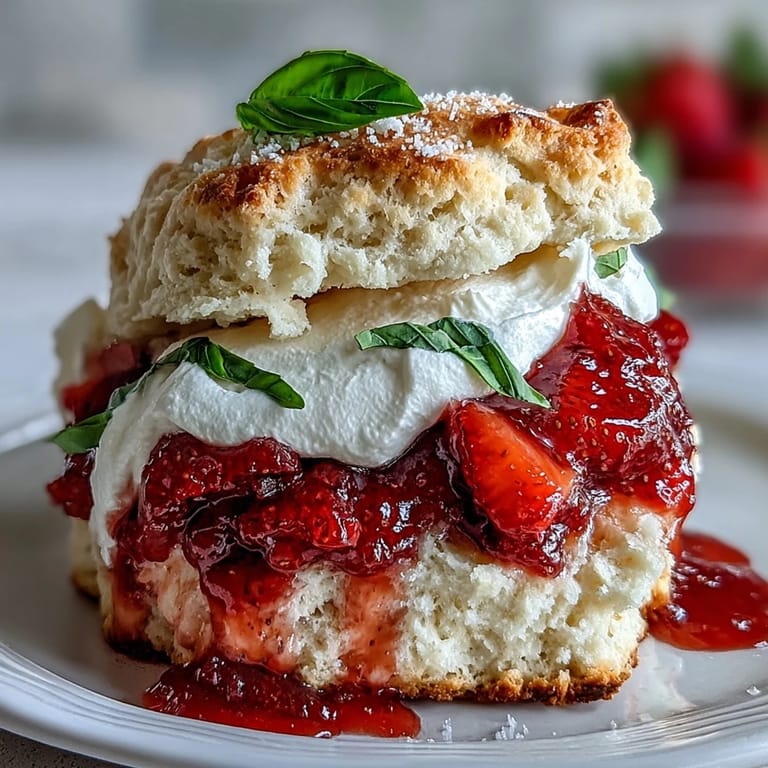 Fluffy Strawberry Basil Shortcake Biscuits topped generously with juicy fruit and fluffy cream.