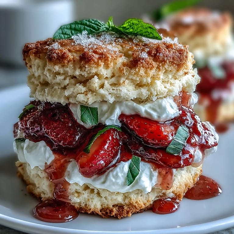 Delicious Strawberry Basil Shortcake Biscuits, a perfect summer dessert crowned with whipped cream.