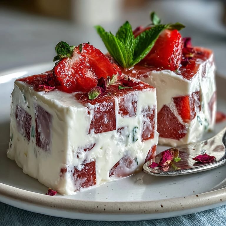 Glistening Strawberry Rose Gelatin Mosaic Cake slices, perfect party dessert with floral notes.