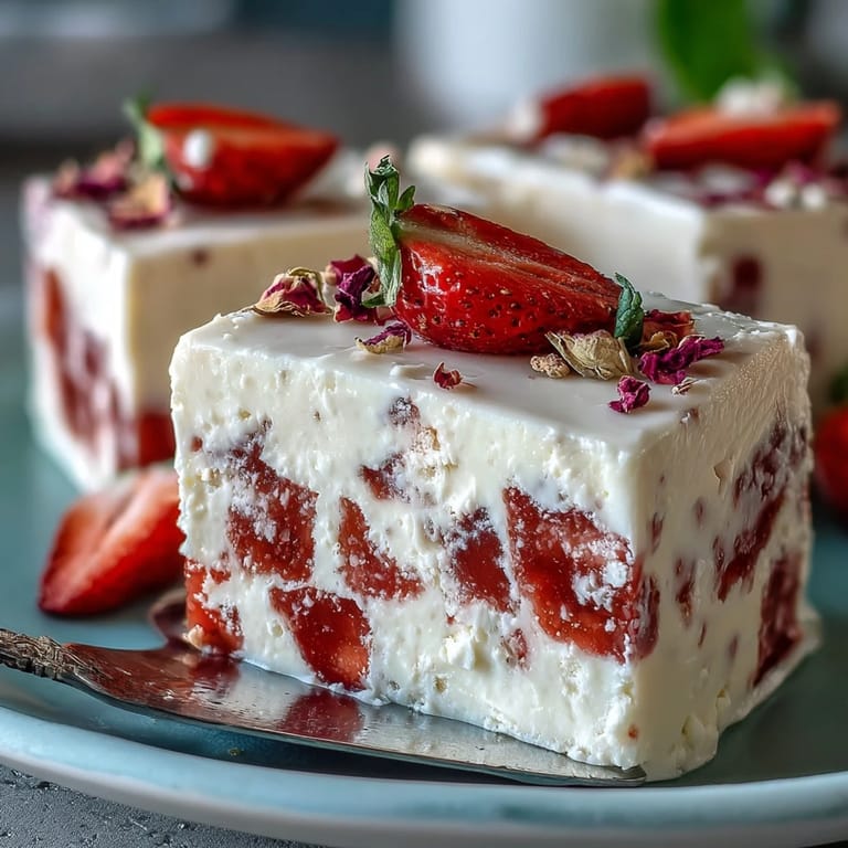 Beautifully set Strawberry Rose Gelatin Mosaic Cake, a refreshing, jewel-toned treat.