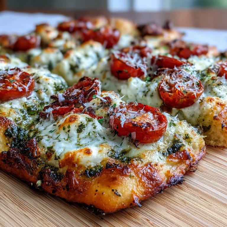 Golden cottage cheese flatbread slice topped with basil pesto and fresh tomato halves.