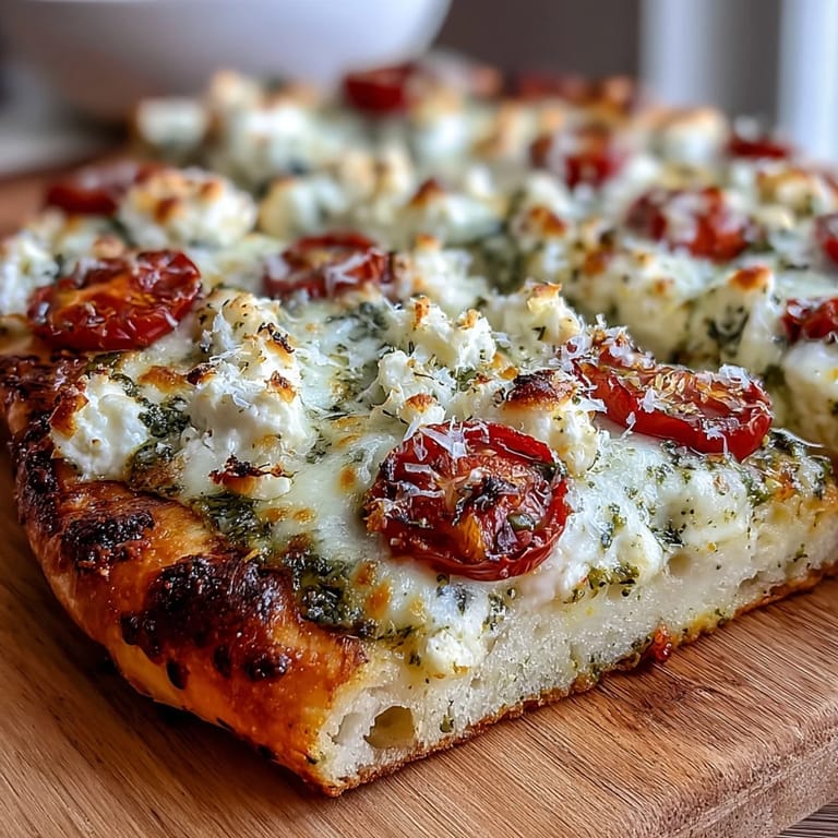 Delicious viral cottage cheese flatbread with pesto, perfect for easy appetizers.