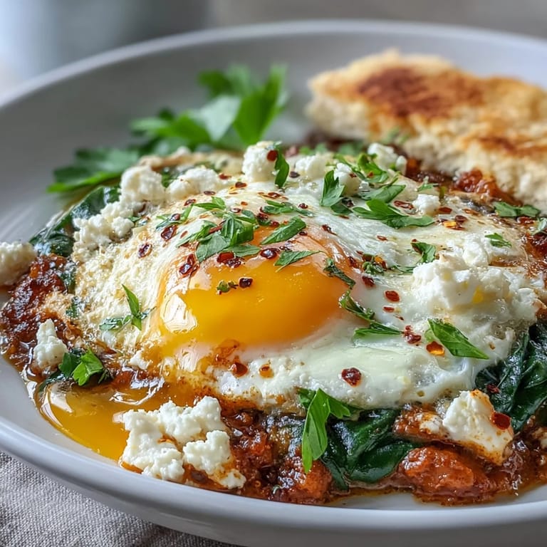 Juicy Spinach and Feta Shakshuka, perfect for dipping crusty bread.