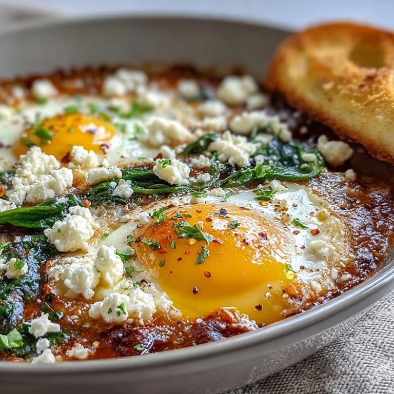 Flavorful Spinach and Feta Shakshuka dish, rich tomato sauce, creamy cheese.