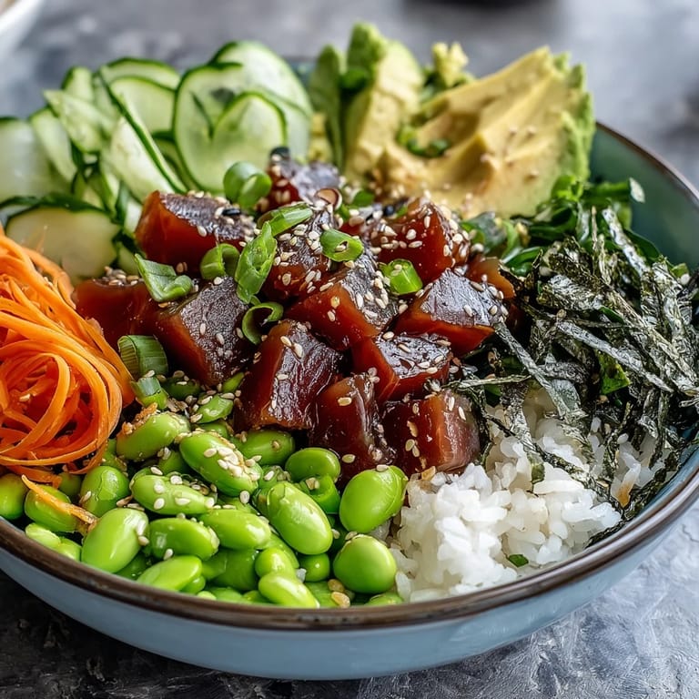 Colorful Spring Tuna Poke Bowl, a healthy and refreshing meal complete with marinated tuna.