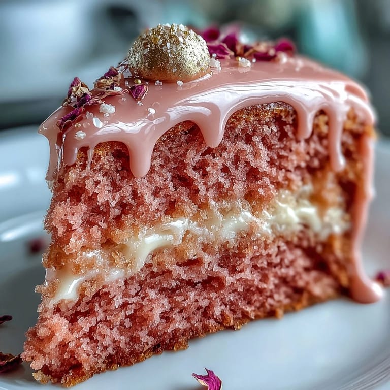 Decadent pink Rosé Velvet Cake with a luxurious gold drip, perfect for celebrations.
