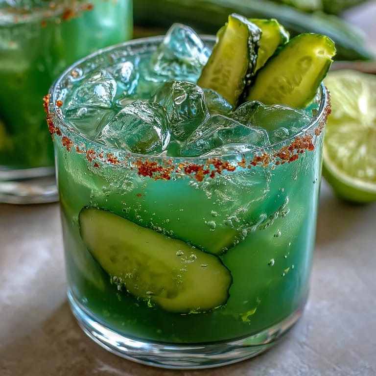 Tangy pickle margarita mocktail, perfectly chilled, showcasing its vibrant, zesty jalapeño-salted rim.