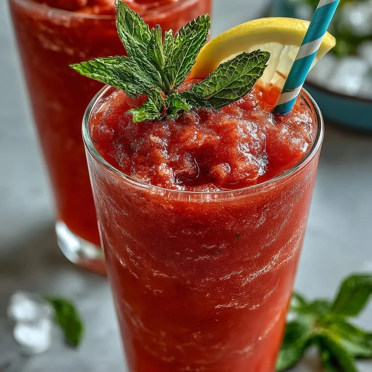 Vibrant, naturally sweet watermelon lemonade slushie ready to serve in chilled glasses.