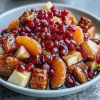 A colorful winter fruit salad with mandarin oranges, apples, and pomegranate arils, drizzled with a warm cinnamon vanilla dressing.  