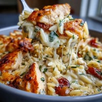 Creamy Boursin orzo bake with tender chicken and colorful bell peppers, baked until golden and bubbling.  