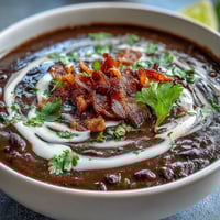 Creamy black bean soup with crispy bacon and zesty lime crema, garnished with fresh cilantro and served in a rustic bowl.  