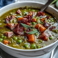 A comforting bowl of ham and split pea soup with tender carrots and smoky ham, perfect for a cozy dinner.