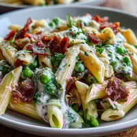 Creamy Leek, Pea, and Ham Pasta in a skillet with tender pasta, sweet peas, and savory ham in a rich cream sauce.