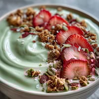 A vibrant smoothie bowl with creamy strawberry matcha latte base, topped with fresh fruit, granola, and crunchy seeds for a nourishing breakfast.